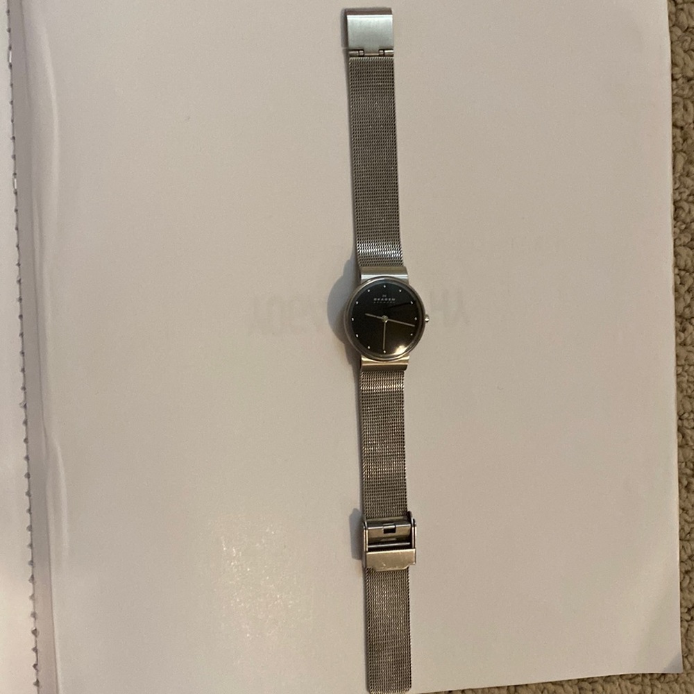 Skagen stainless steel mesh band with black face.